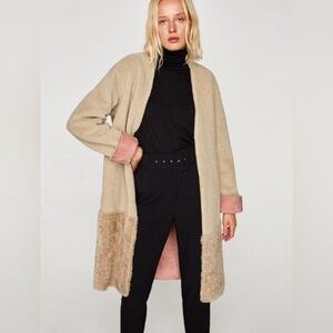 Zara Beige/Tan Faux Fur Teddy Coat with Pink Faux Suede Lining Size Small
